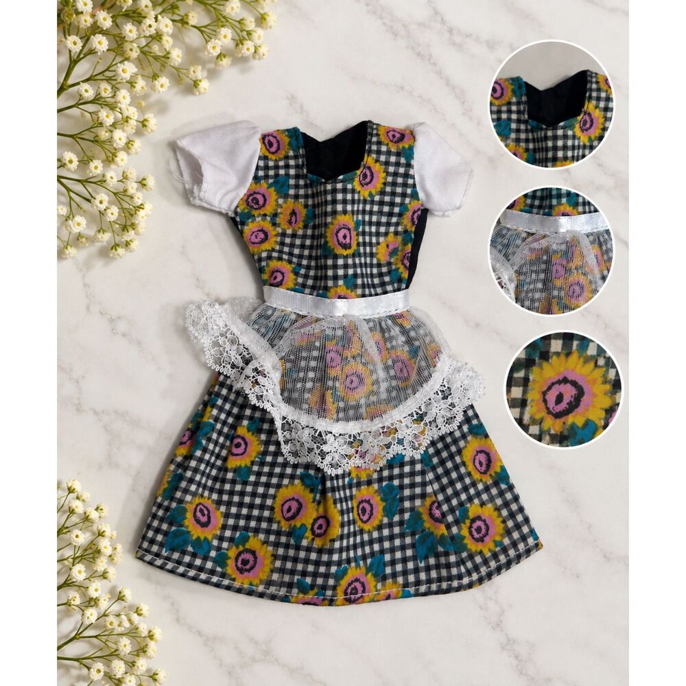 Vintage 1990s Genuine Barbie Black White Gingham Sunflower Apron Dress Mattel